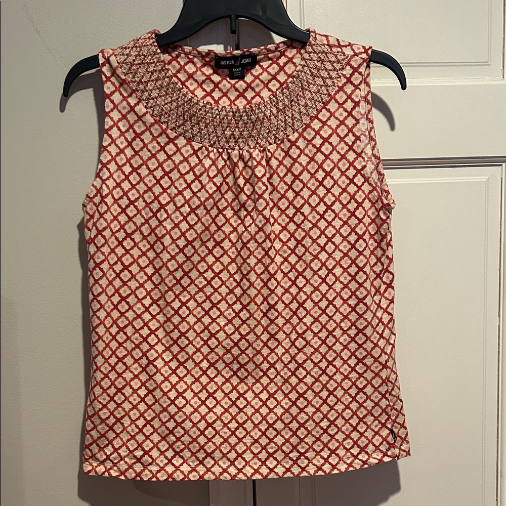 Nautica jeans brand- Red and White Patterned Sleeveless Cotton Blouse